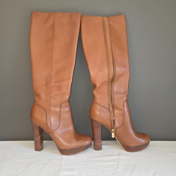 Michael Kors 8.5 Lesly Boots Stacked Heel Luggage Color - Picture 3 of 11